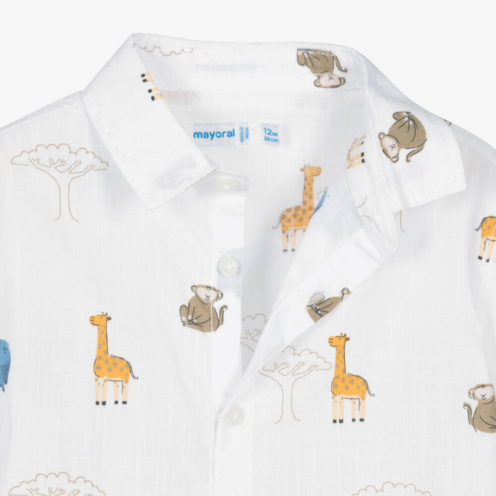 Mayoral-White Cotton Short Sleeve Shirt with Safari Animal Print | Childrensalon