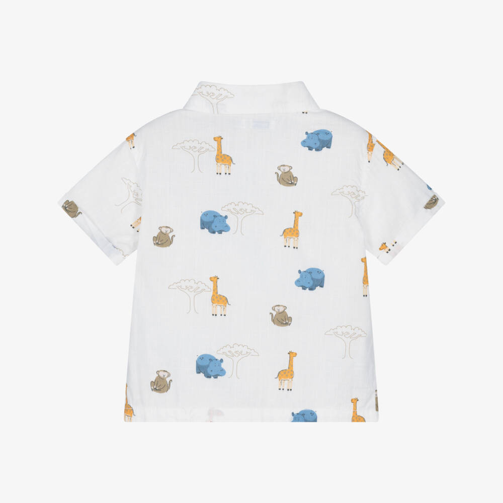 Mayoral-White Cotton Short Sleeve Shirt with Safari Animal Print | Childrensalon