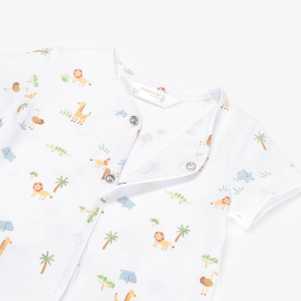 Mayoral Newborn-White & Yellow Cotton Baby Shorties with Jungle Animals (2 Pack) | Childrensalon
