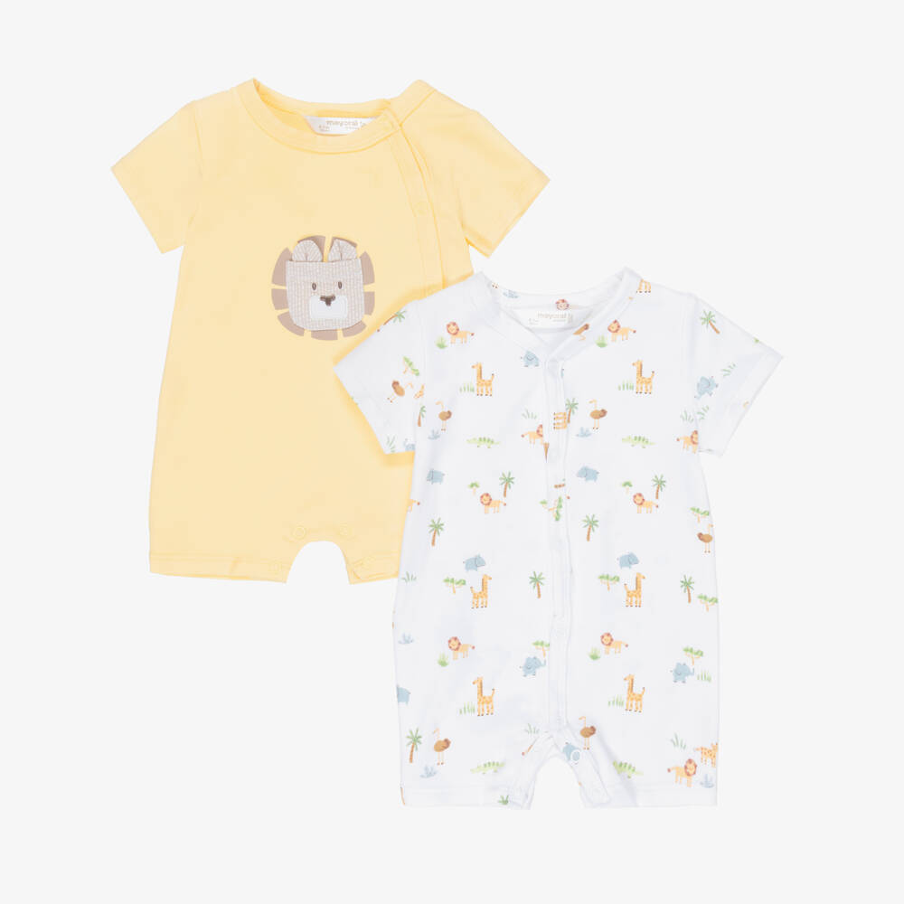 Mayoral Newborn-White & Yellow Cotton Baby Shorties with Jungle Animals (2 Pack) | Childrensalon