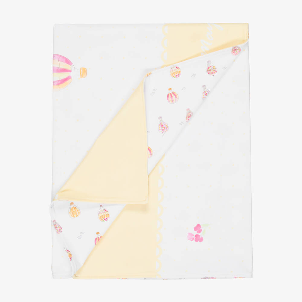Mayoral Newborn-White & Yellow Reversible Blanket with Hot Air Balloons (90cm) | Childrensalon