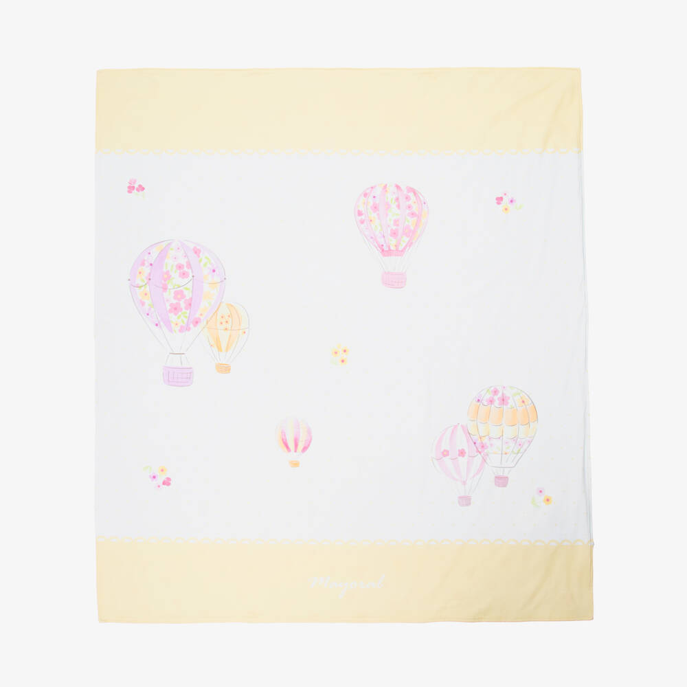 Mayoral Newborn-White & Yellow Reversible Blanket with Hot Air Balloons (90cm) | Childrensalon