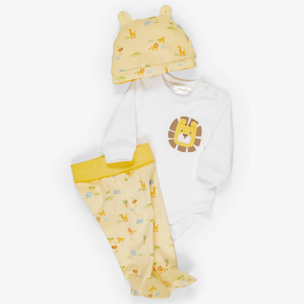 Mayoral-Yellow Cotton Safari Animal Babygrow Set | Childrensalon