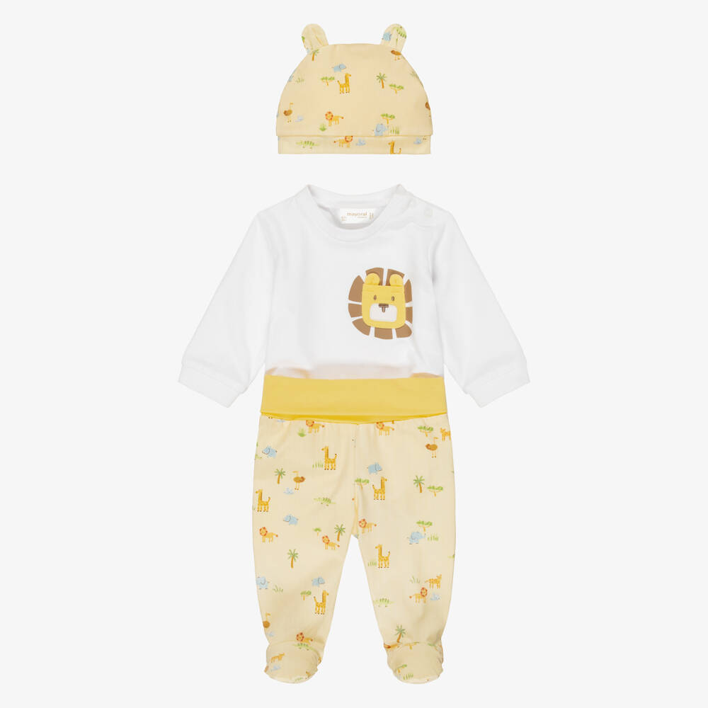 Mayoral-Yellow Cotton Safari Animal Babygrow Set | Childrensalon