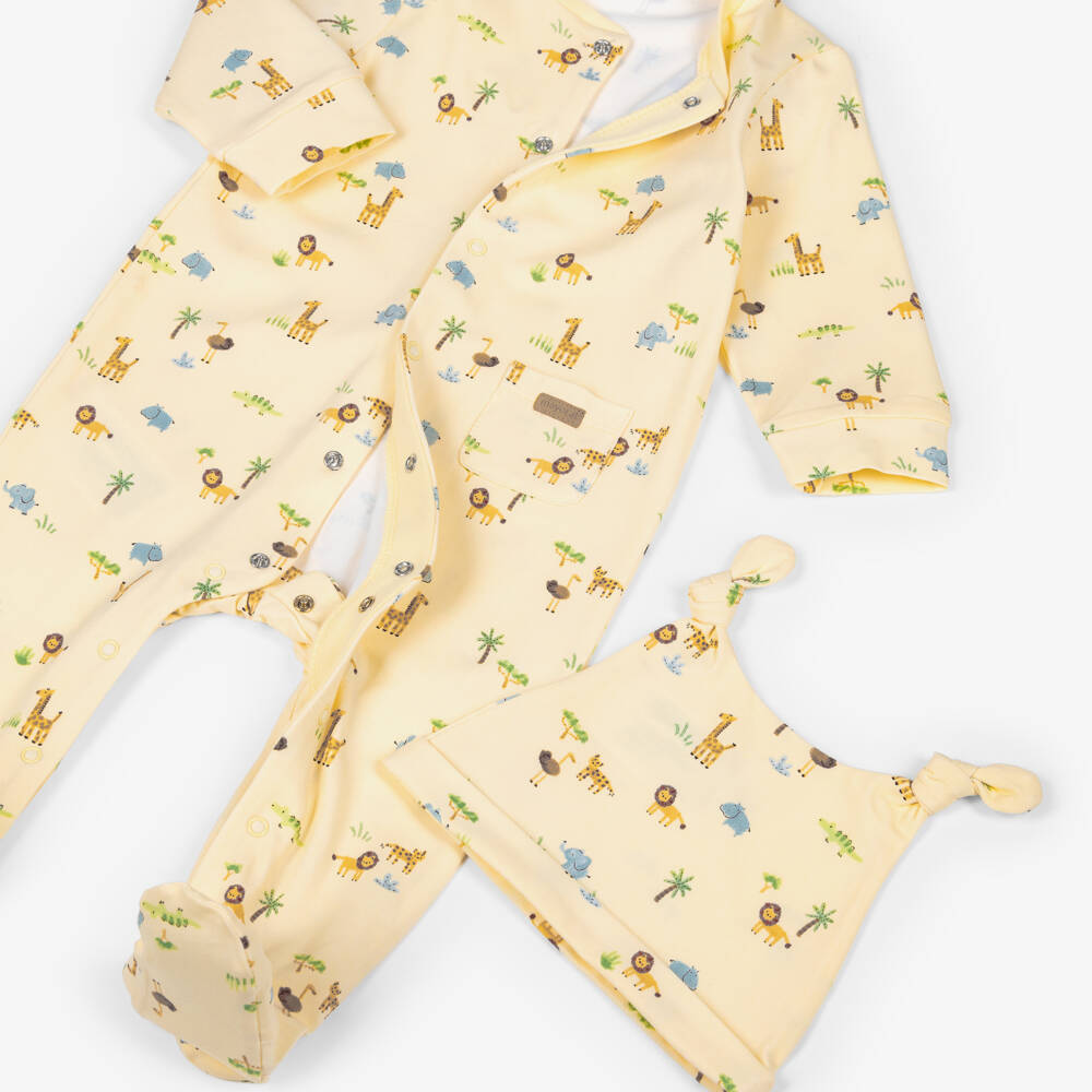 Mayoral Newborn-Yellow Cotton Safari Print Babysuit Set | Childrensalon