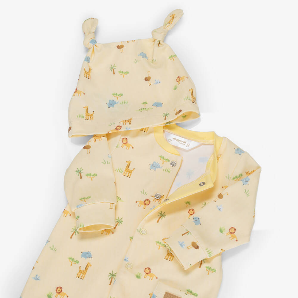 Mayoral Newborn-Yellow Cotton Safari Print Babysuit Set | Childrensalon