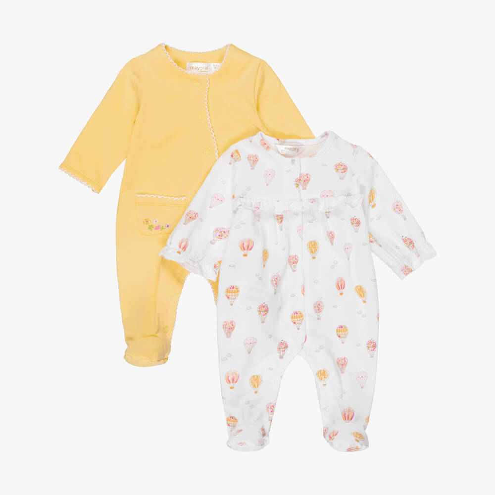 Mayoral Для новорожденных-Yellow & White Babygrows with Hot Air Balloon Print (2 Pack) | Childrensalon