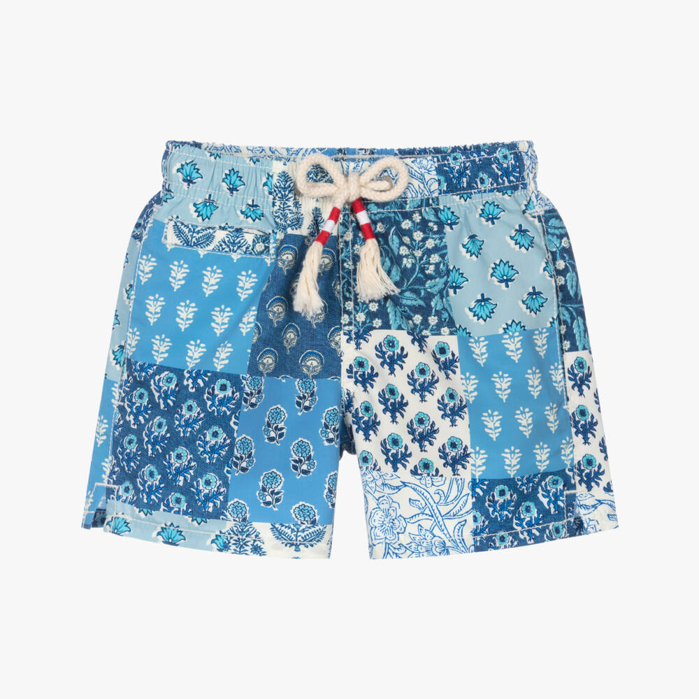 MC2 Saint Barth-Boys Blue Floral Patchwork Swim Shorts | Childrensalon