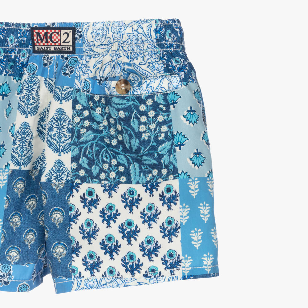 MC2 Saint Barth-Boys Blue Floral Patchwork Swim Shorts | Childrensalon