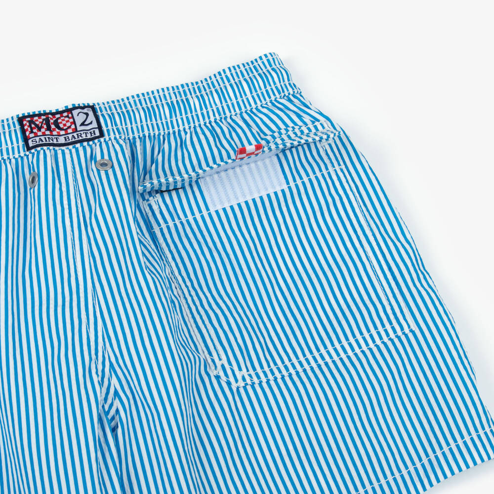MC2 Saint Barth-شورت سباحة سيرساكر مقلم لون أزرق للأولاد | Childrensalon