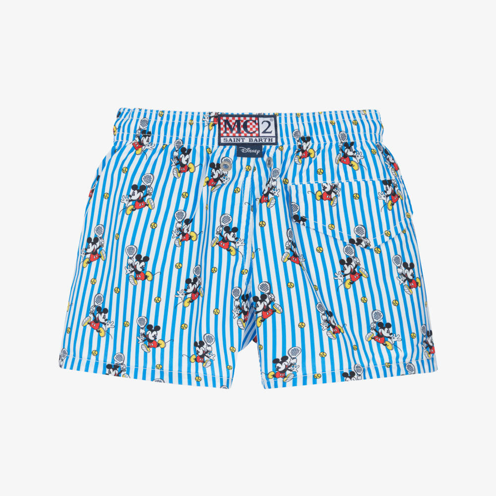 MC2 Saint Barth-Boys Blue Striped Mickey Mouse Swim Shorts | Childrensalon