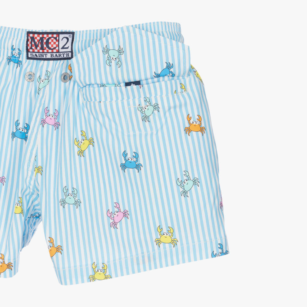 MC2 Saint Barth-Boys Blue Striped Swim Shorts with Colourful Crab Print | Childrensalon