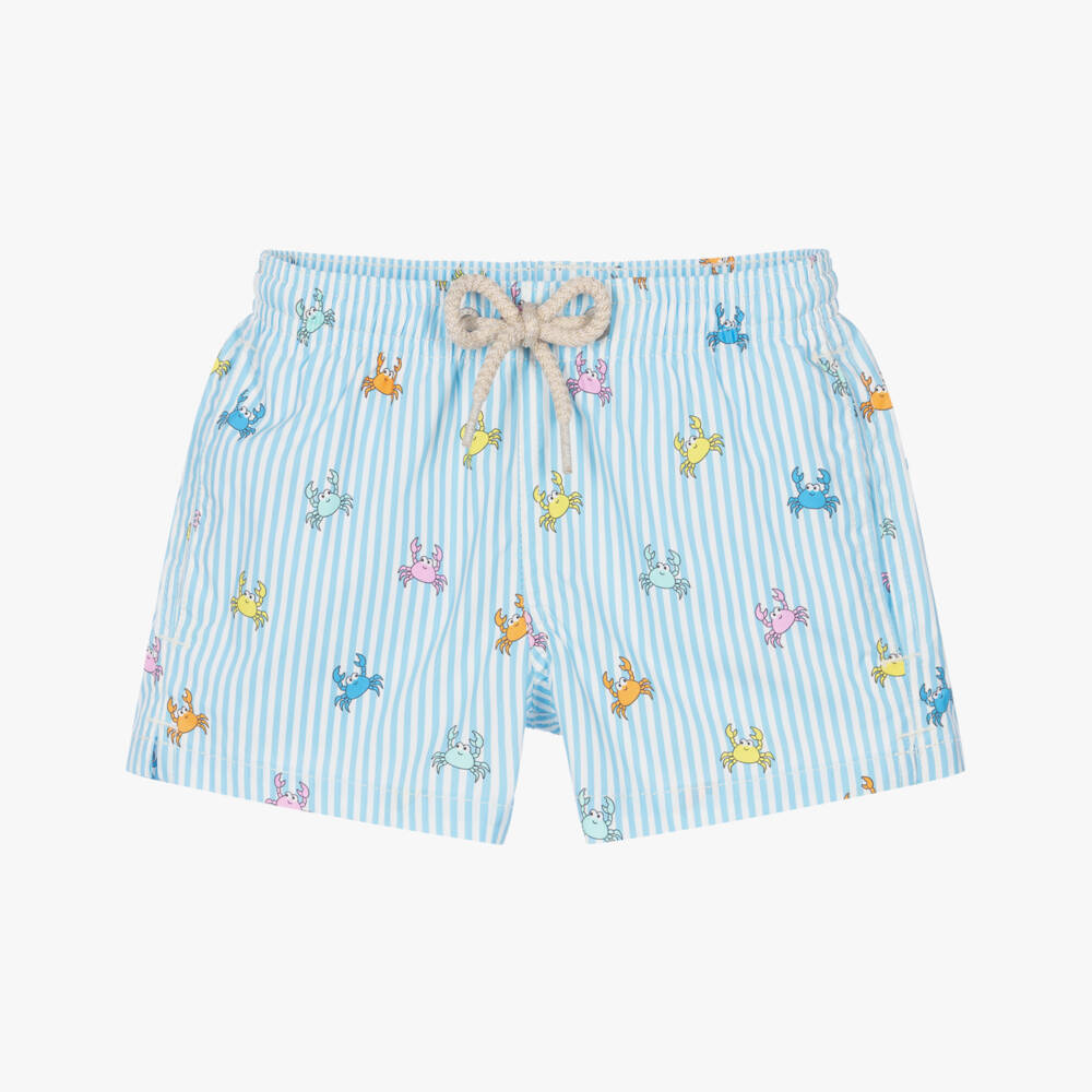 MC2 Saint Barth-Boys Blue Striped Swim Shorts with Colourful Crab Print | Childrensalon
