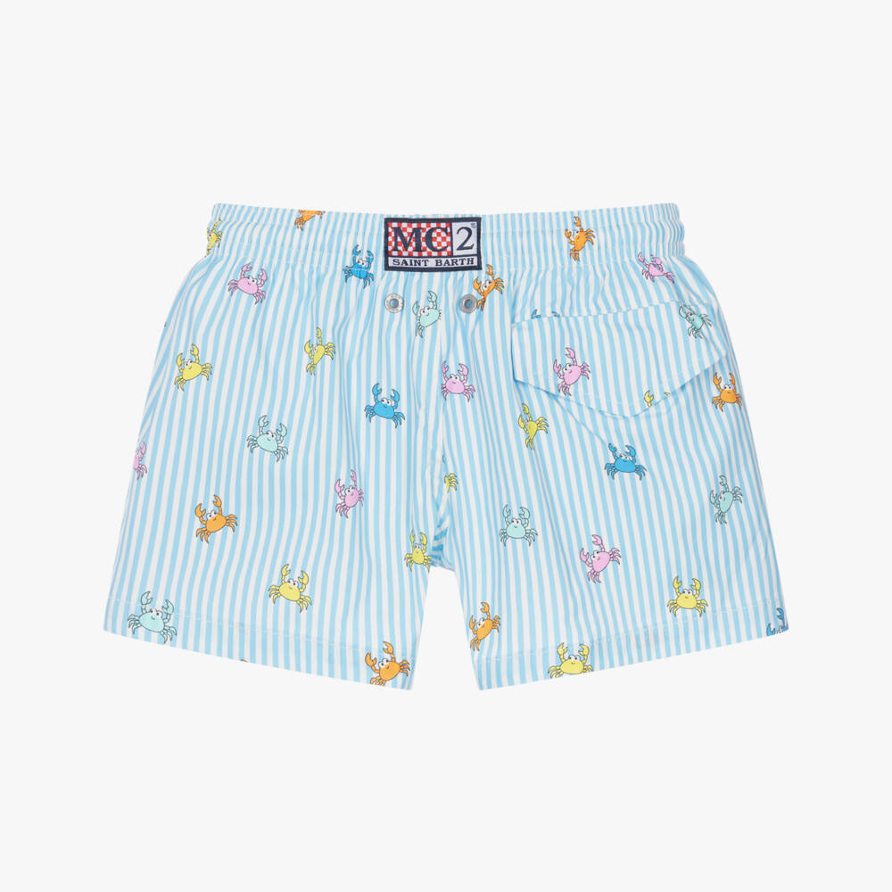 MC2 Saint Barth-Boys Blue Striped Swim Shorts with Colourful Crab Print | Childrensalon