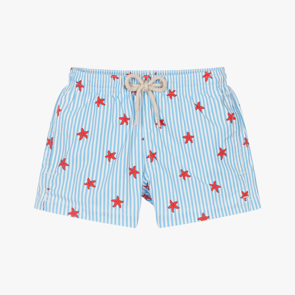 MC2 Saint Barth-Boys Blue Striped Swim Shorts with Red Starfish Print | Childrensalon