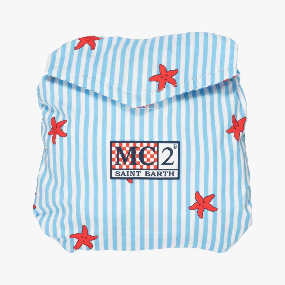 MC2 Saint Barth-Boys Blue Striped Swim Shorts with Red Starfish Print | Childrensalon