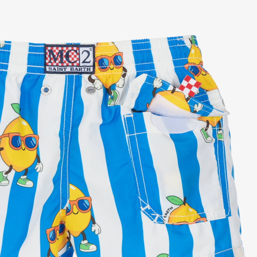 MC2 Saint Barth-Boys Blue & White Striped Lemon Swim Shorts | Childrensalon
