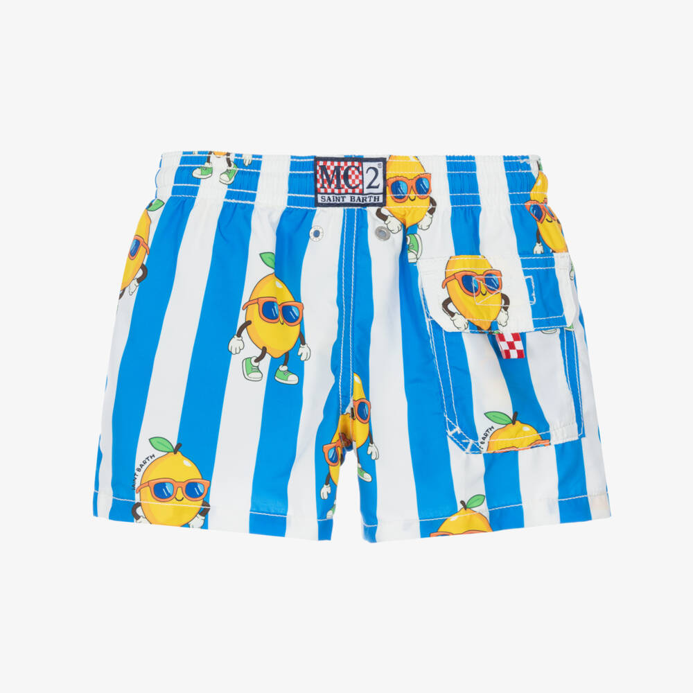 MC2 Saint Barth-Boys Blue & White Striped Lemon Swim Shorts | Childrensalon