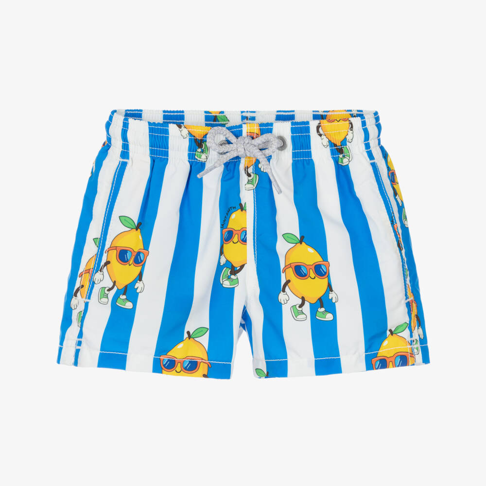 MC2 Saint Barth-Boys Blue & White Striped Lemon Swim Shorts | Childrensalon