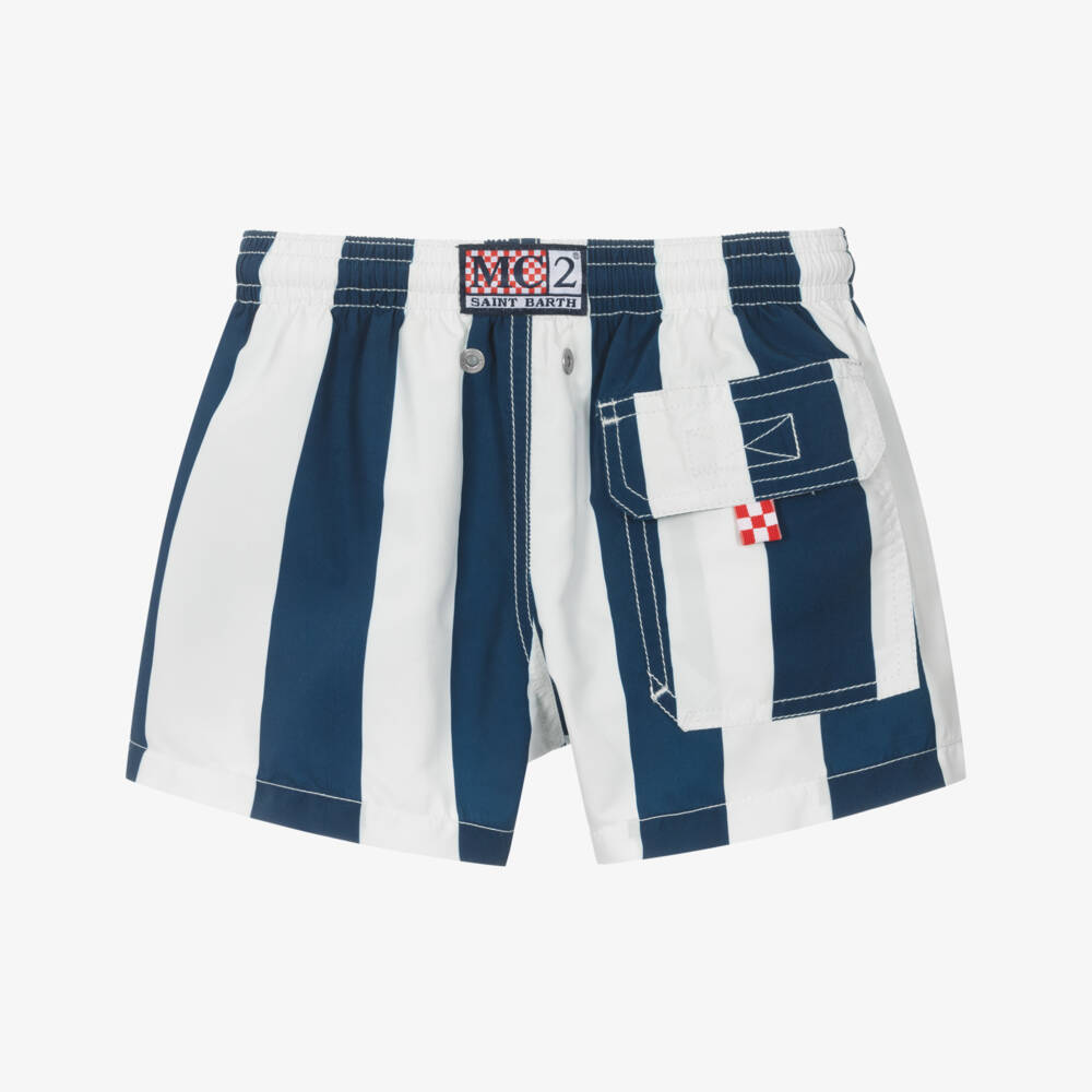 MC2 Saint Barth-Boys Blue & White Striped Swim Shorts | Childrensalon