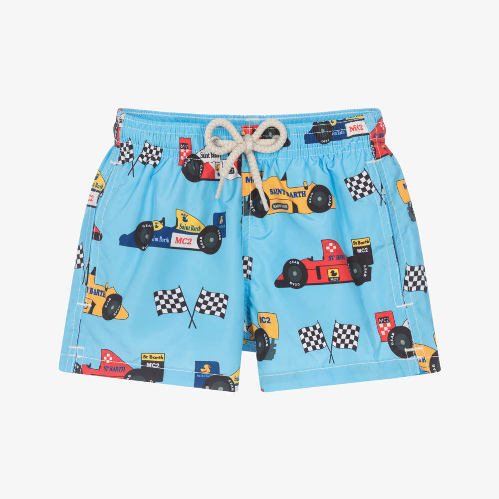 MC2 Saint Barth-Boys Bright Blue Racing Cars Swim Shorts | Childrensalon
