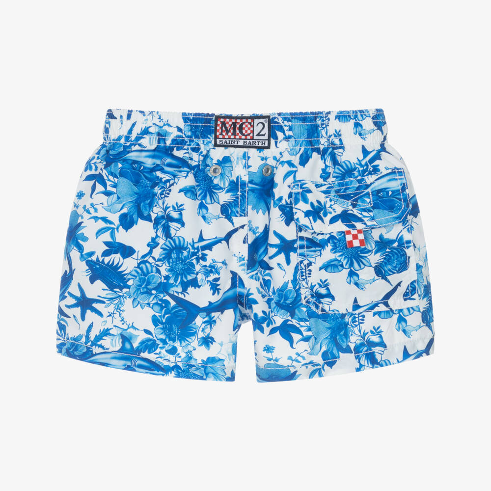MC2 Saint Barth-Плавки-шорты бело-синие с принтом акул Рика Дика для мальчиков | Childrensalon