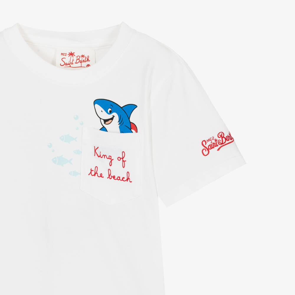 MC2 Saint Barth-تيشيرت قطن بطبعة قرش لون أبيض للأولاد | Childrensalon