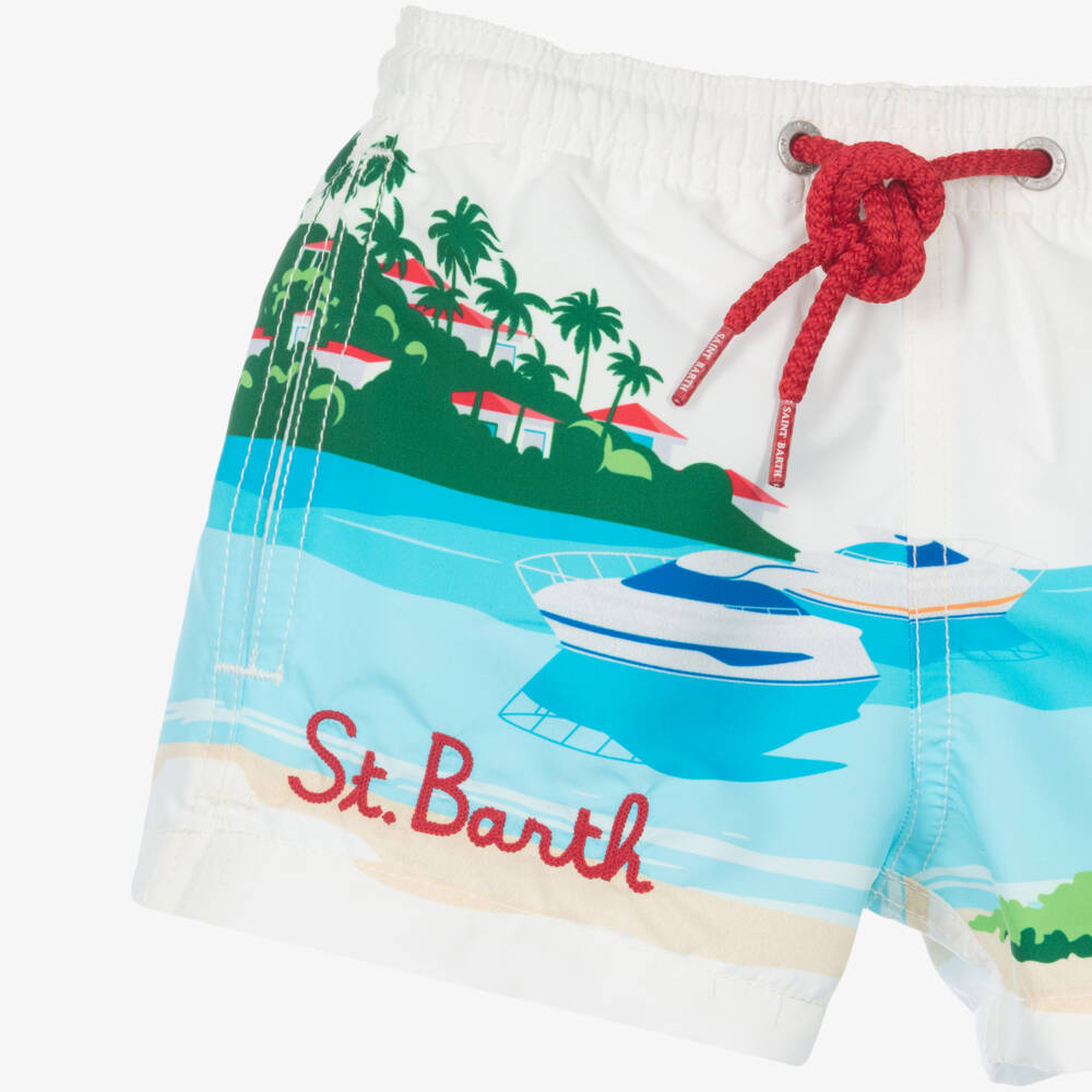 MC2 Saint Barth-Boys White & Tropical Scene Swim Shorts | Childrensalon