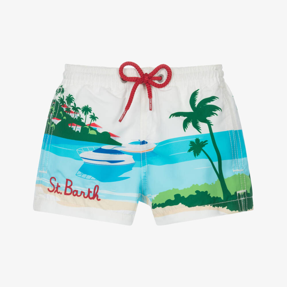 MC2 Saint Barth-Boys White & Tropical Scene Swim Shorts | Childrensalon