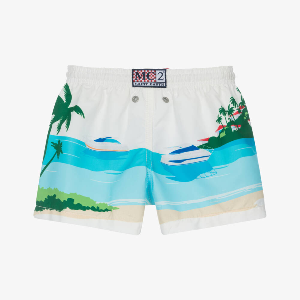 MC2 Saint Barth-Boys White & Tropical Scene Swim Shorts | Childrensalon