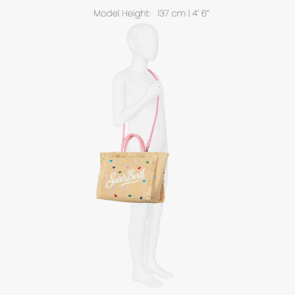 MC2 Saint Barth-Girls Beige Heart Embroidery Straw Bag (30cm) | Childrensalon
