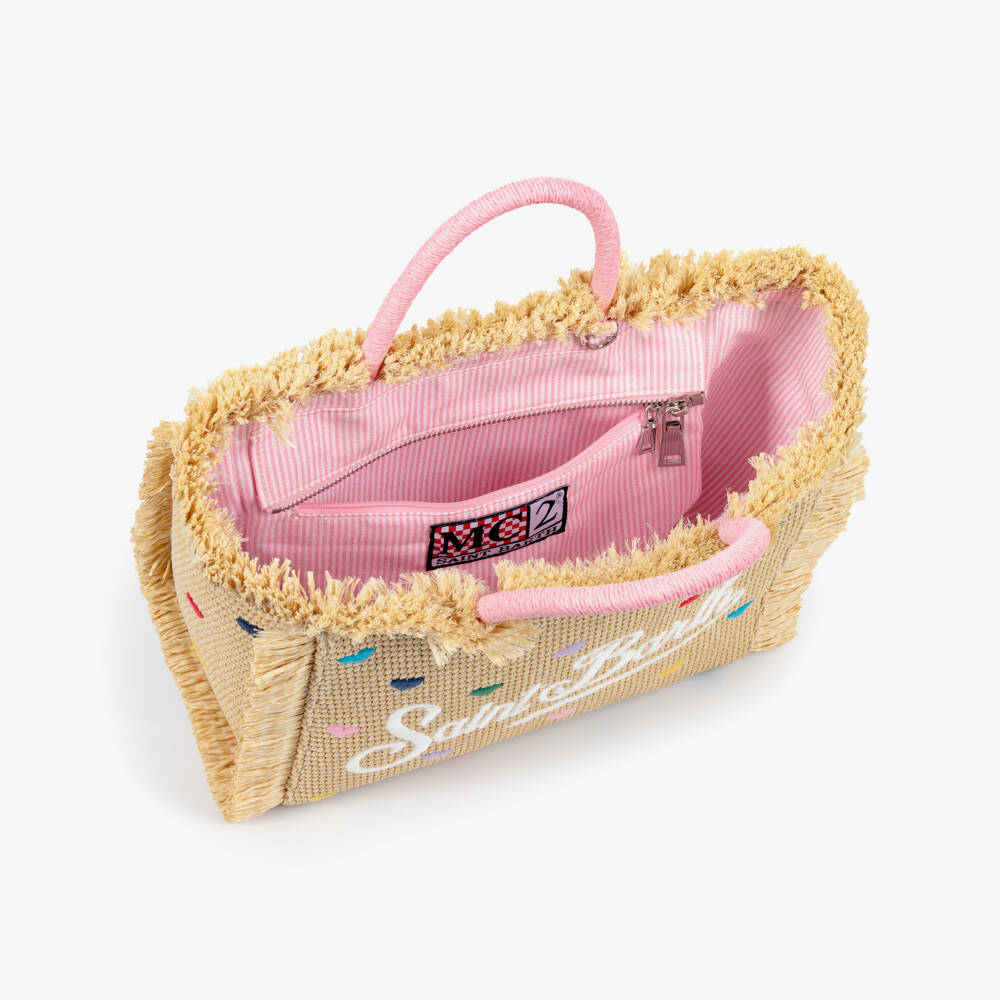MC2 Saint Barth-Girls Beige Heart Embroidery Straw Bag (30cm) | Childrensalon
