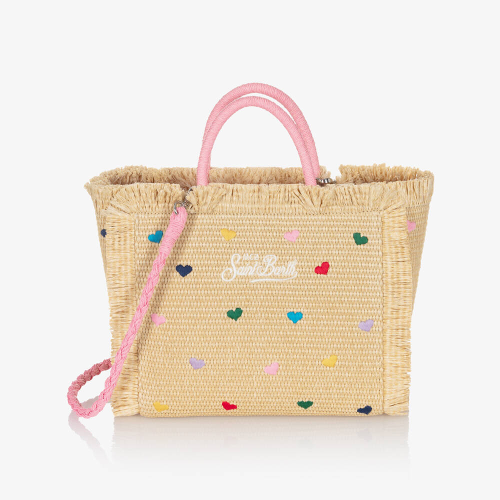 MC2 Saint Barth-Girls Beige Heart Embroidery Straw Bag (30cm) | Childrensalon