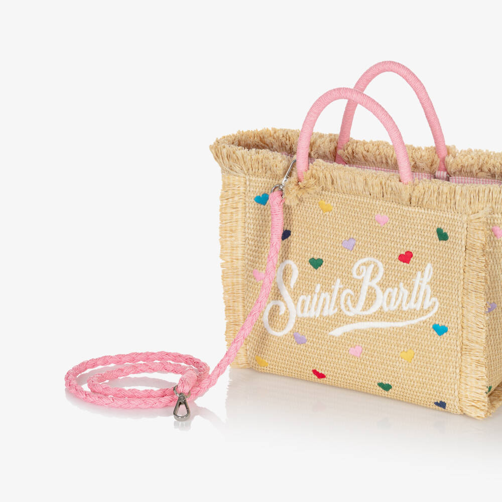 MC2 Saint Barth-Girls Beige Heart Embroidery Straw Bag (30cm) | Childrensalon