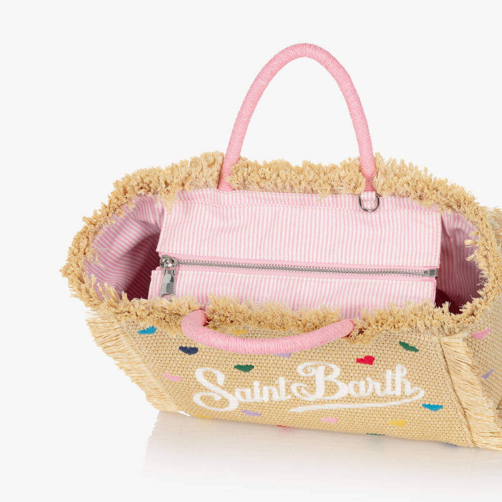 MC2 Saint Barth-Girls Beige Heart Embroidery Straw Bag (30cm) | Childrensalon