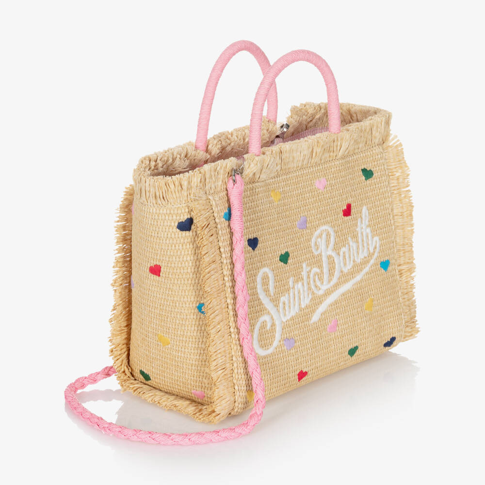 MC2 Saint Barth-Girls Beige Heart Embroidery Straw Bag (30cm) | Childrensalon