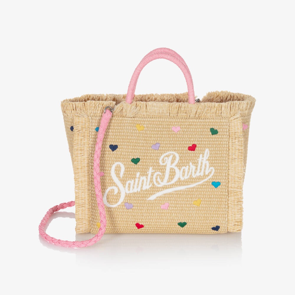 MC2 Saint Barth-Girls Beige Heart Embroidery Straw Bag (30cm) | Childrensalon