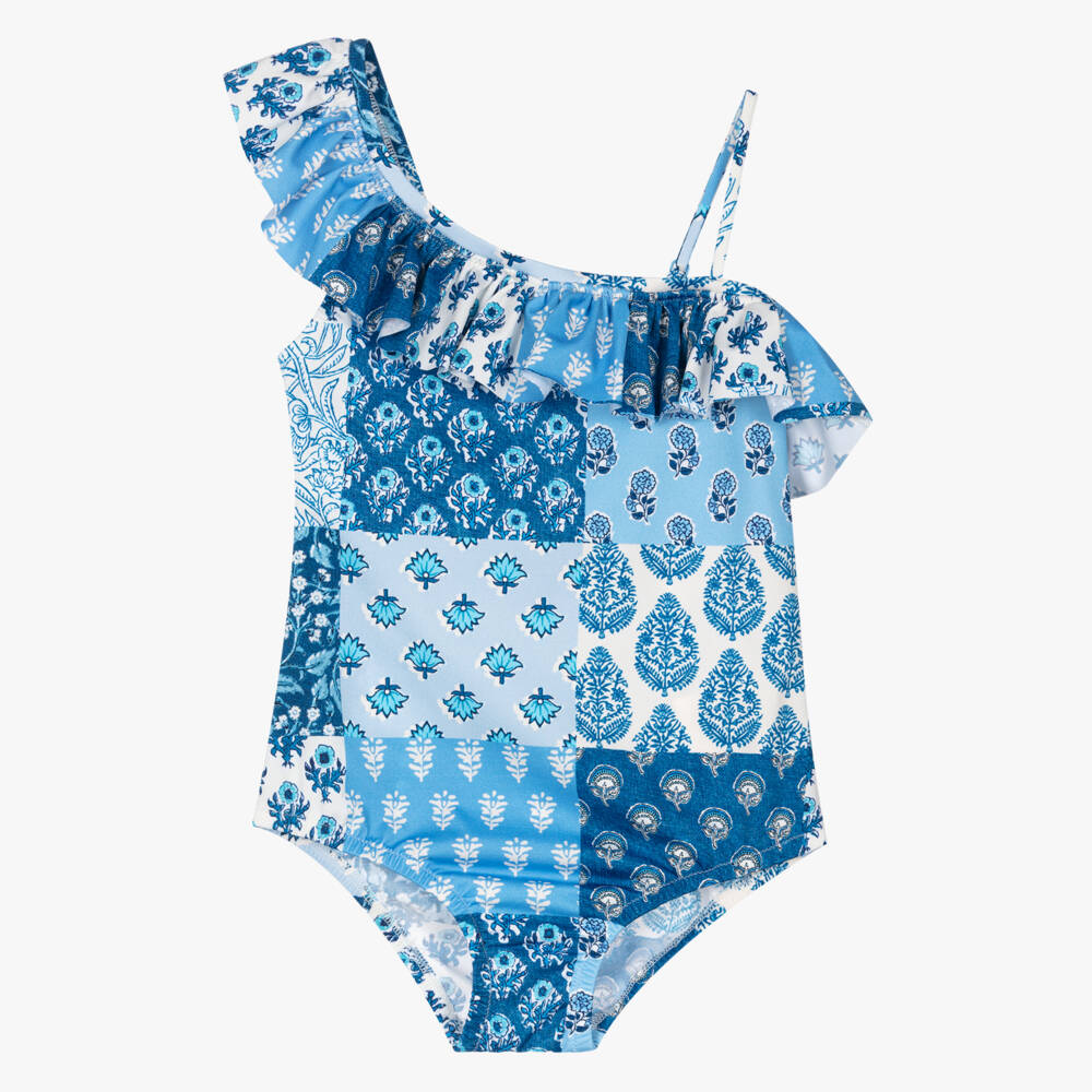 MC2 Saint Barth-Girls Blue Floral Patchwork Asymmetric Swimsuit | Childrensalon