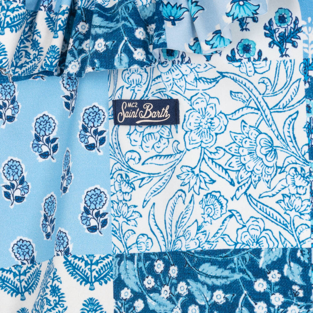 MC2 Saint Barth-Girls Blue Floral Patchwork Asymmetric Swimsuit | Childrensalon