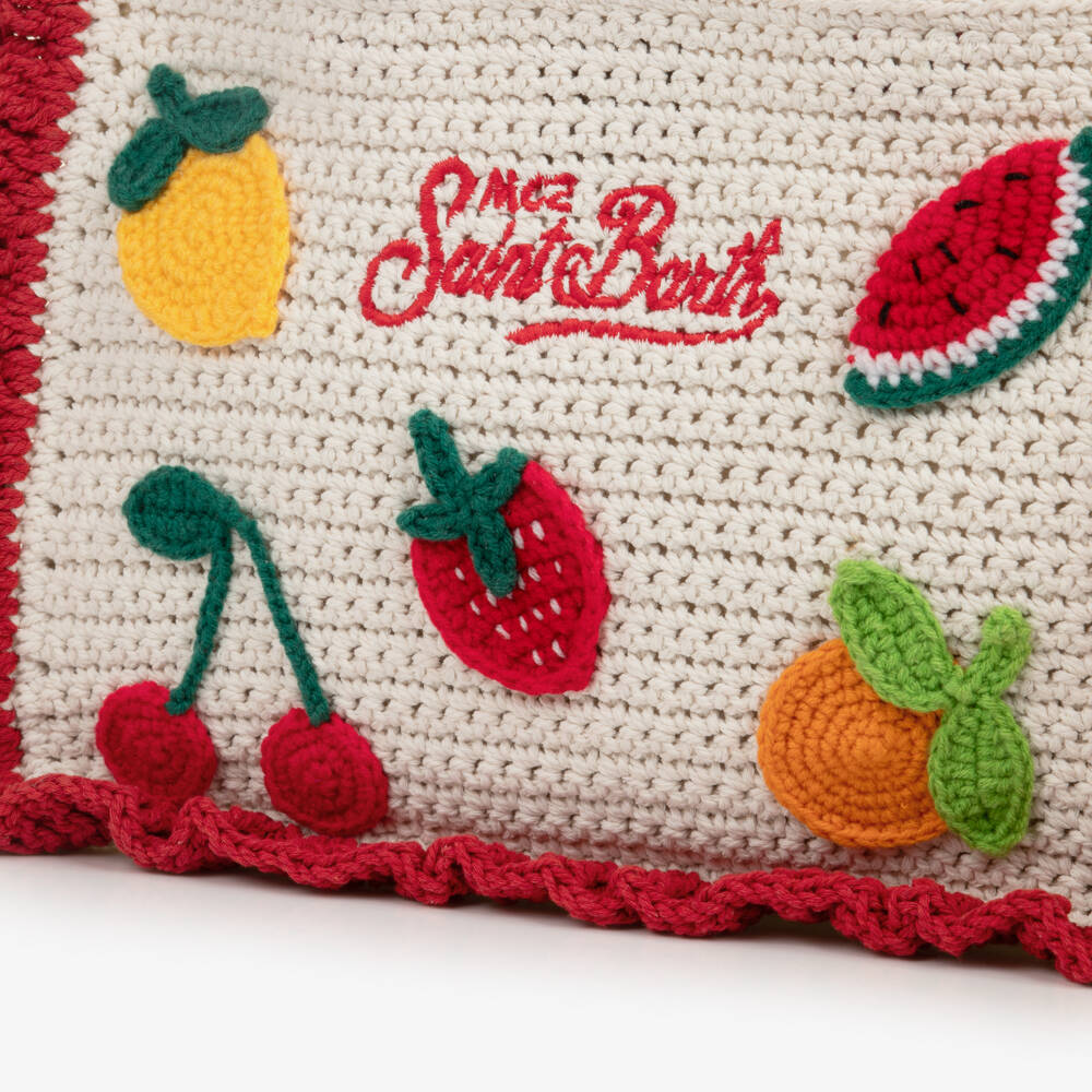 MC2 Saint Barth-Girls Ivory Crochet Beach Bag with Colourful Fruit (28cm) | Childrensalon