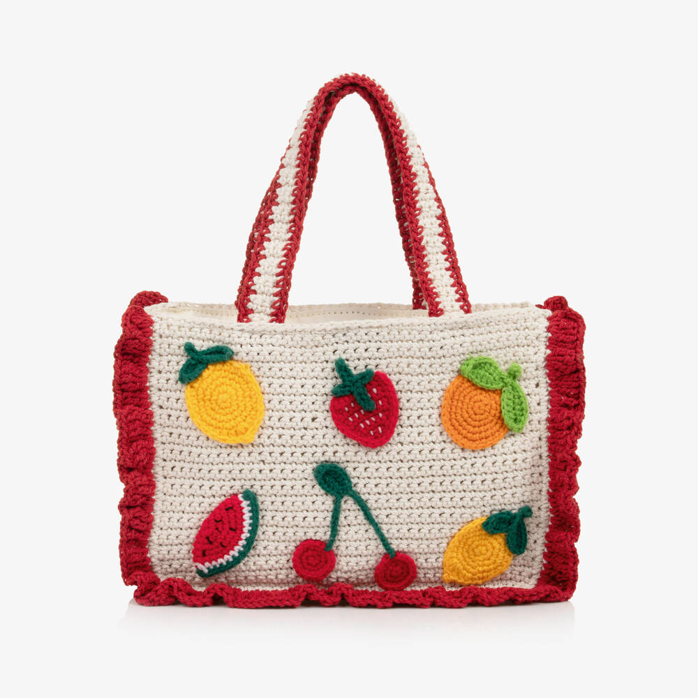 MC2 Saint Barth-Girls Ivory Crochet Beach Bag with Colourful Fruit (28cm) | Childrensalon