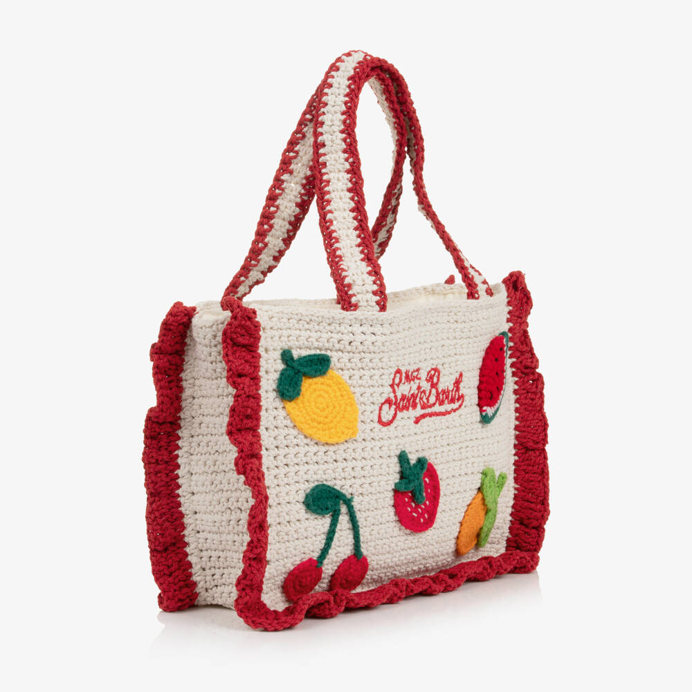 MC2 Saint Barth-Girls Ivory Crochet Beach Bag with Colourful Fruit (28cm) | Childrensalon