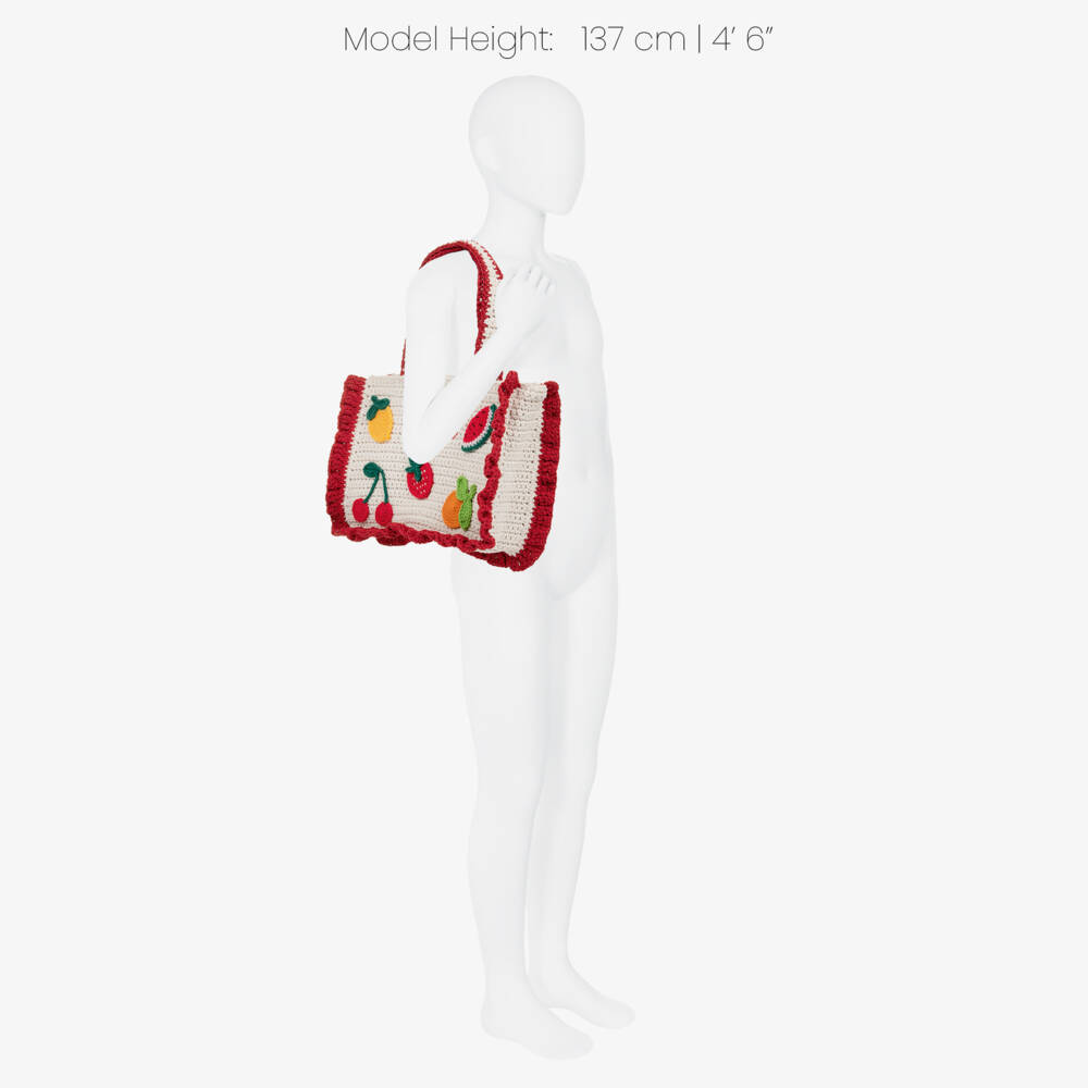 MC2 Saint Barth-Girls Ivory Crochet Beach Bag with Colourful Fruit (28cm) | Childrensalon