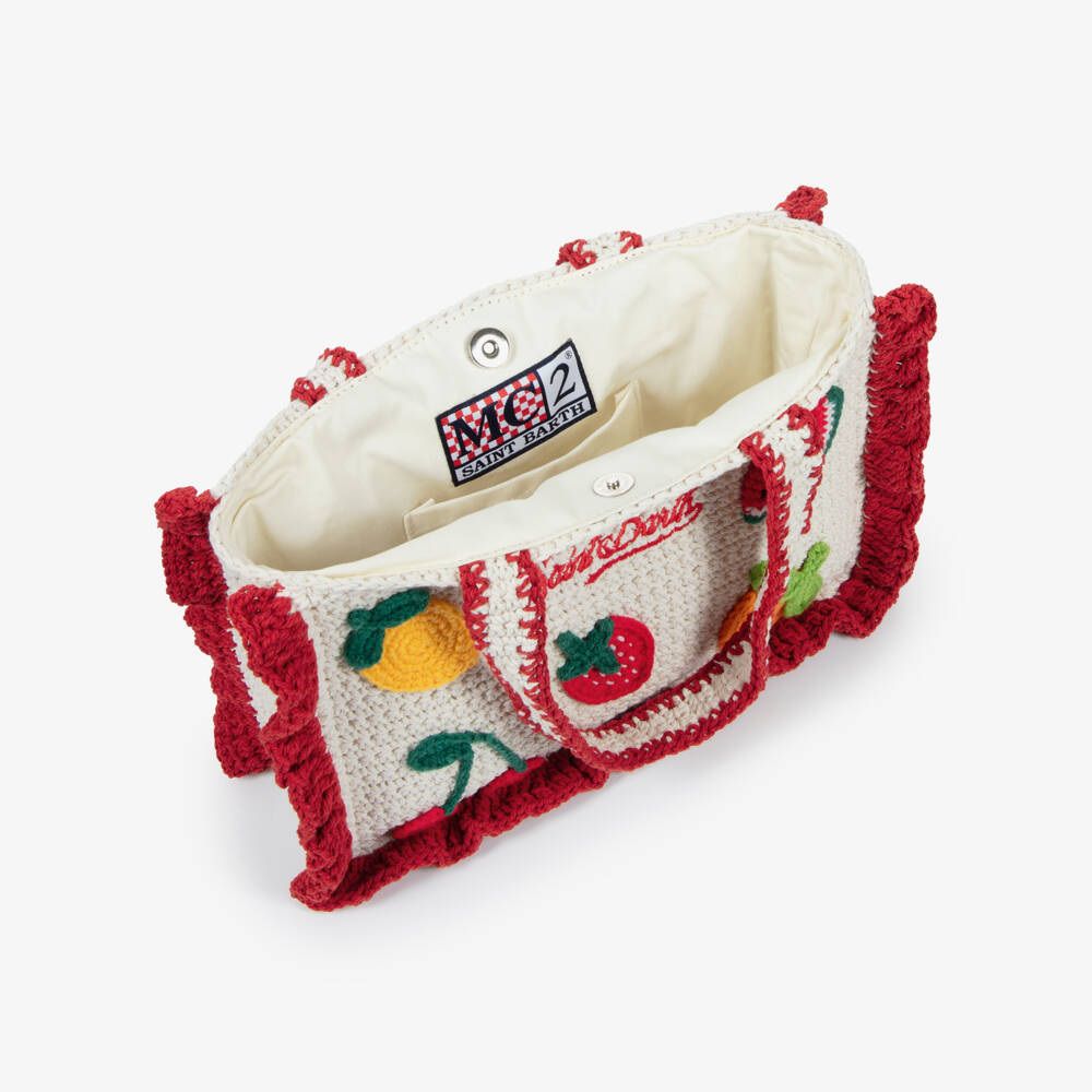MC2 Saint Barth-Girls Ivory Crochet Beach Bag with Colourful Fruit (28cm) | Childrensalon