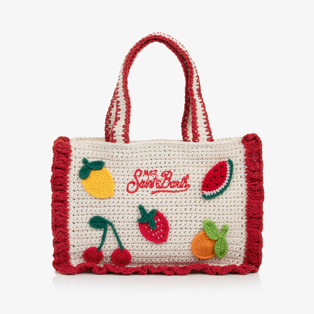 MC2 Saint Barth-Girls Ivory Crochet Beach Bag with Colourful Fruit (28cm) | Childrensalon