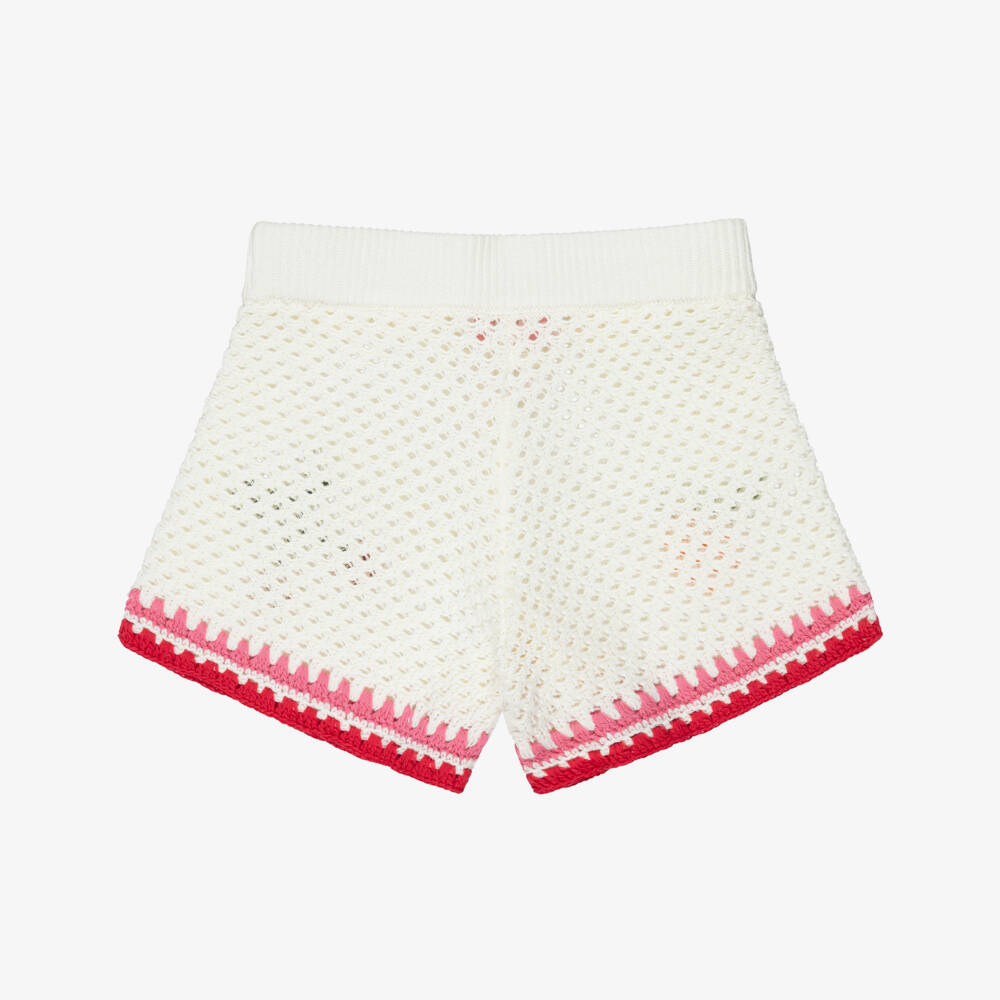 MC2 Saint Barth-Girls Ivory Crochet Knit Beach Shorts with Fruit Patches | Childrensalon