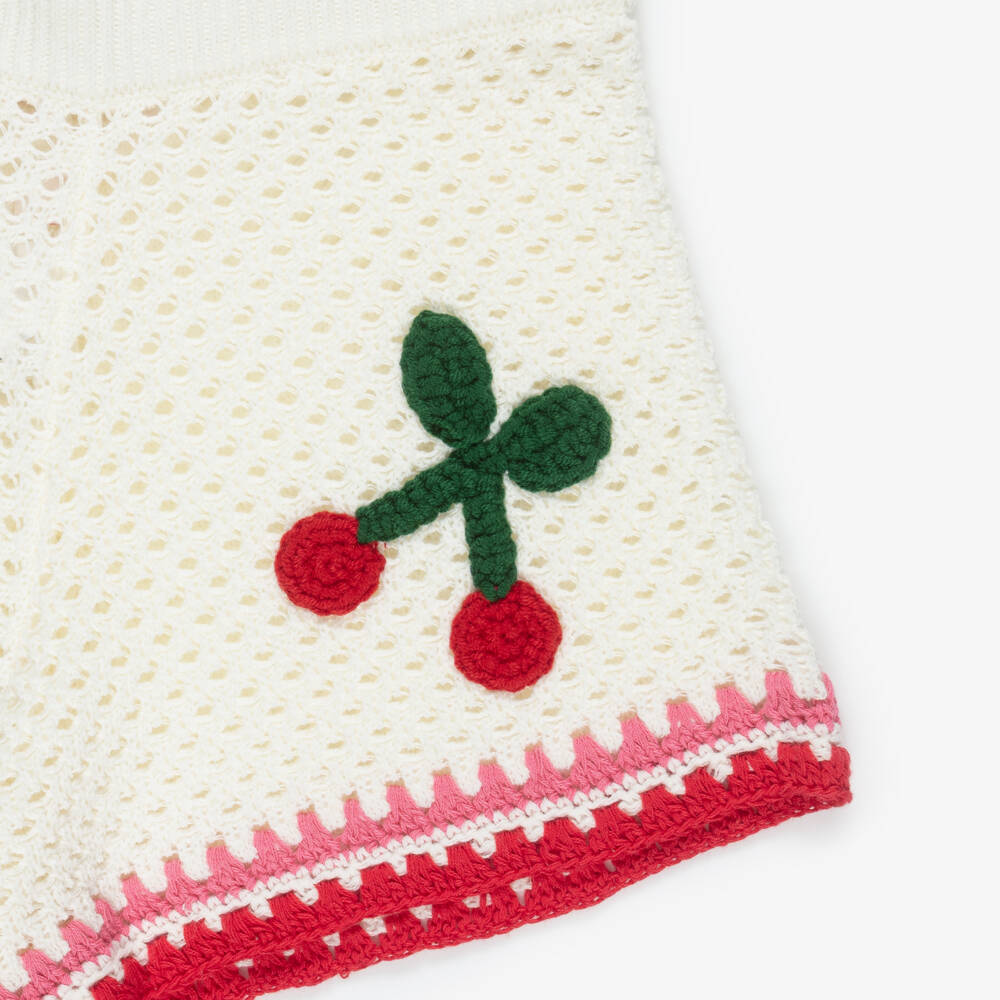 MC2 Saint Barth-Girls Ivory Crochet Knit Beach Shorts with Fruit Patches | Childrensalon