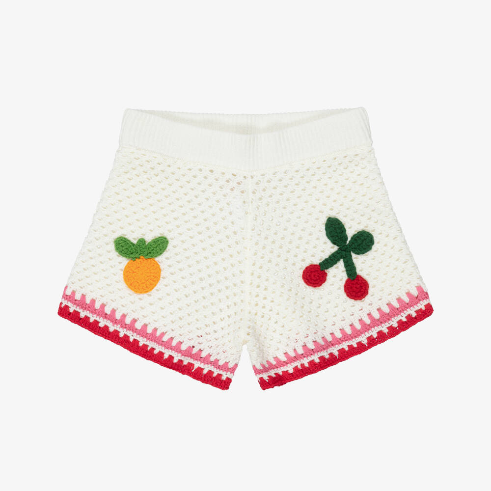 MC2 Saint Barth-Girls Ivory Crochet Knit Beach Shorts with Fruit Patches | Childrensalon
