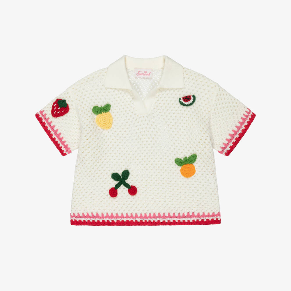 MC2 Saint Barth-Girls Ivory Crochet Knit Beach Top with Fruit Patches | Childrensalon