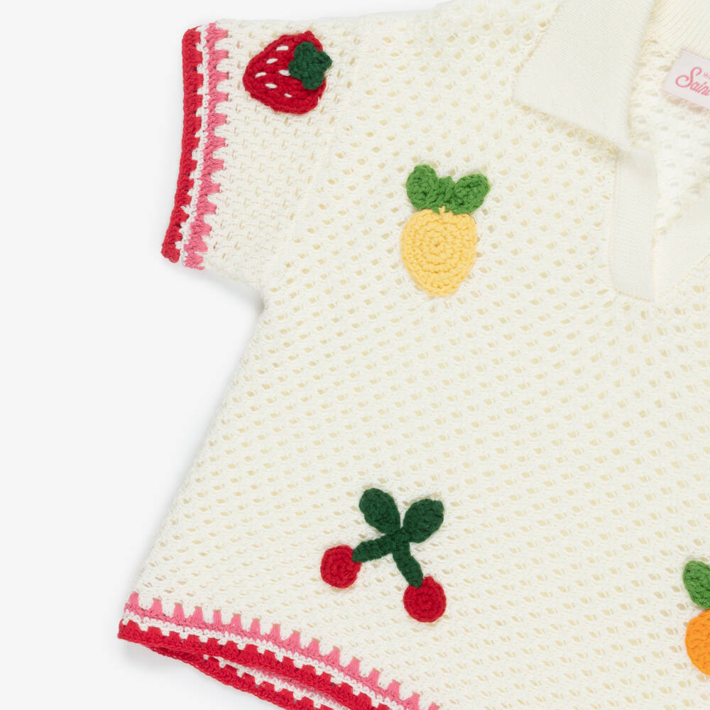 MC2 Saint Barth-Girls Ivory Crochet Knit Beach Top with Fruit Patches | Childrensalon
